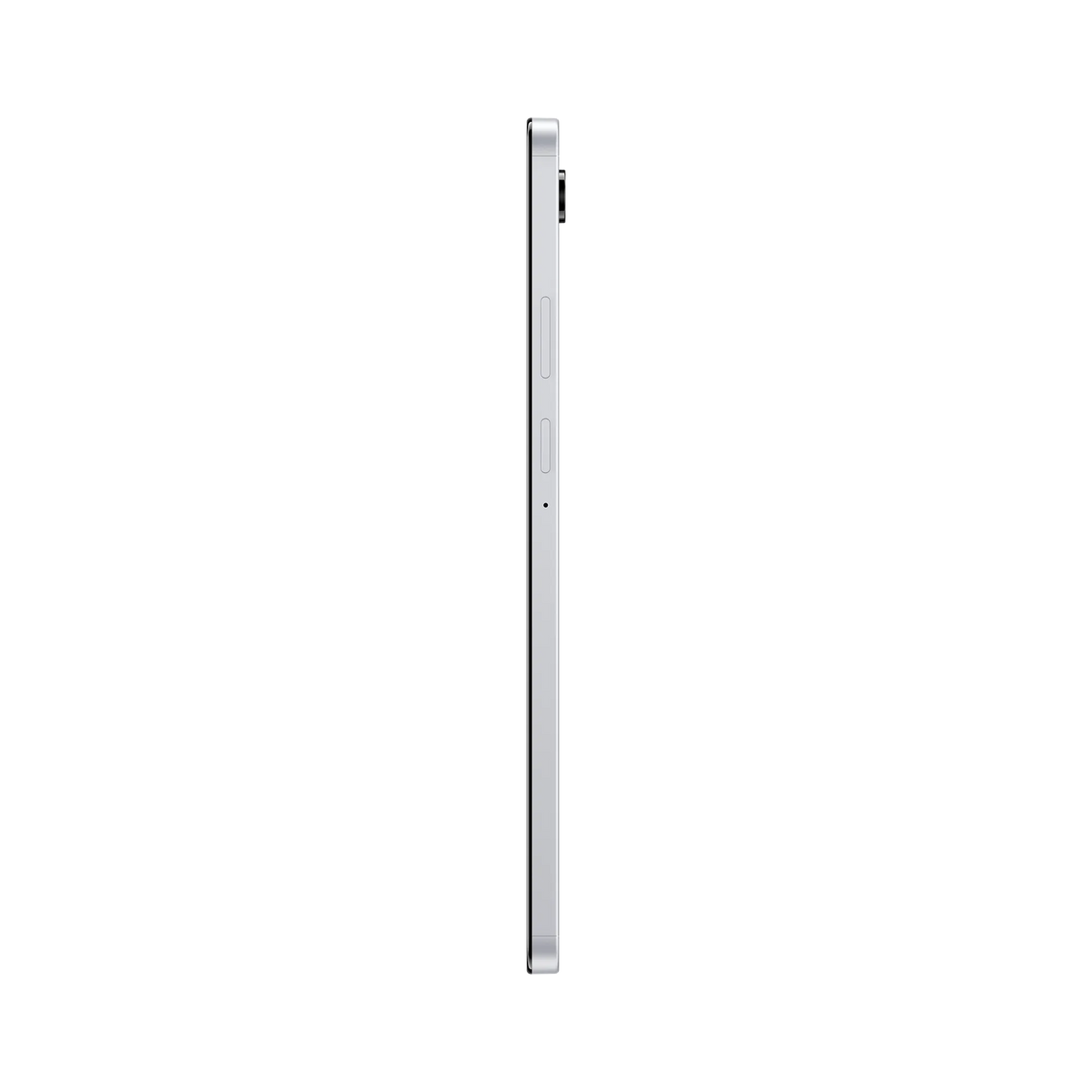 Samsung Galaxy Tab A11 silver tablet shown from the left side with volume and power buttons visible.