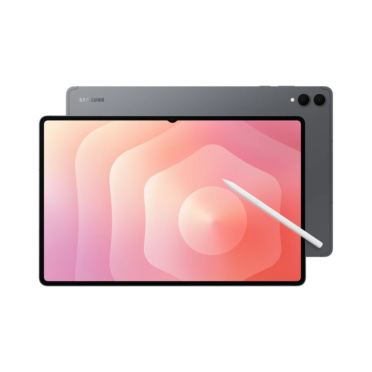 Samsung Galaxy Tab S11 Ultra tablet front and back in grey with S Pen on screen and dual rear cameras visible