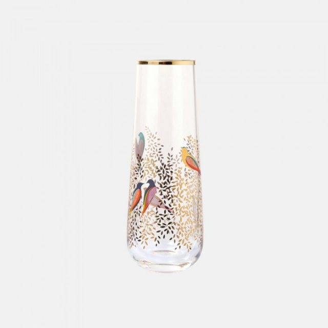 Sara Miller Single Stem Vase with 22-carat gold leaves and colorful birds on clear glass, gold rimmed top.