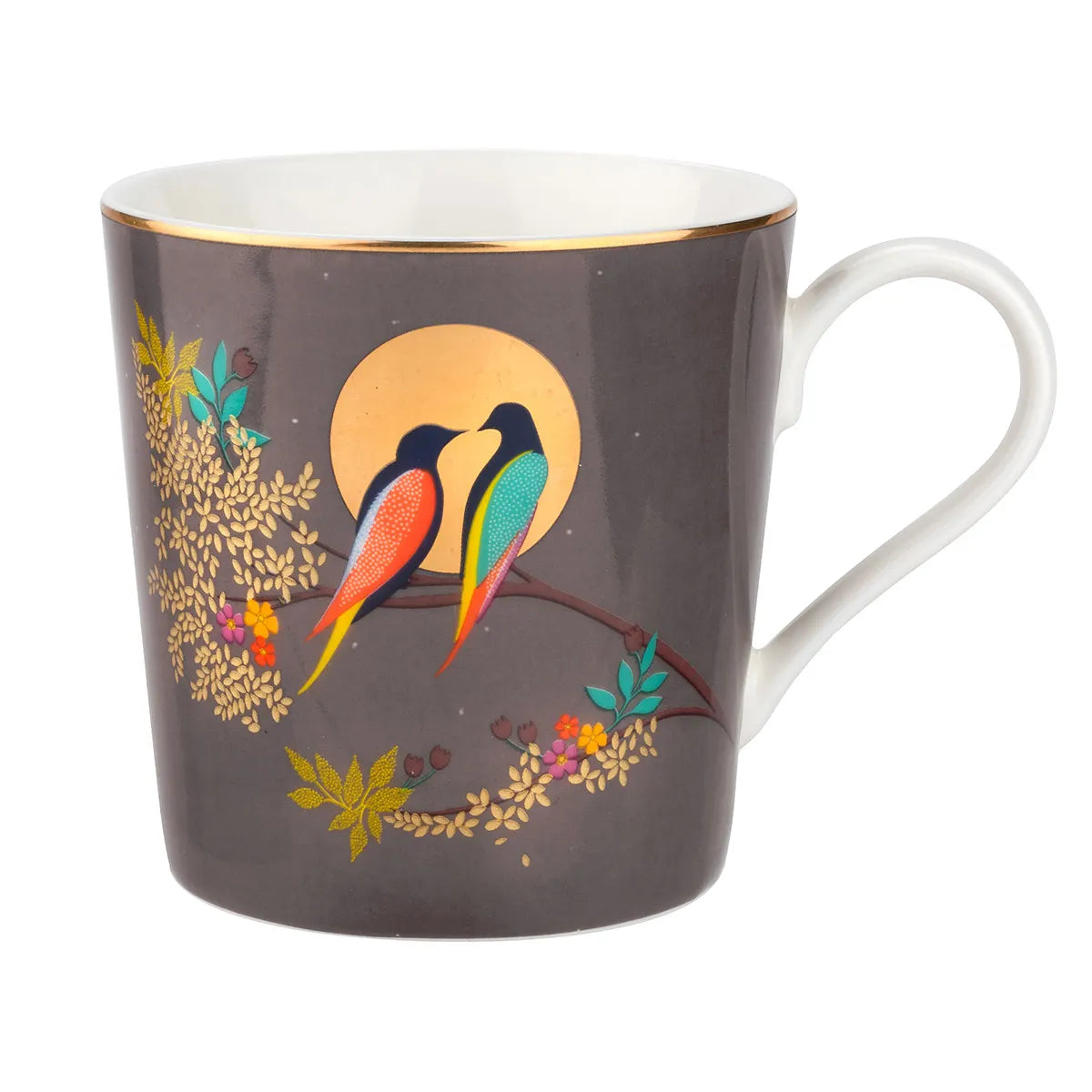 Dark grey Sara Miller Chelsea mug with colorful birds and gold floral detailing, white handle and rim