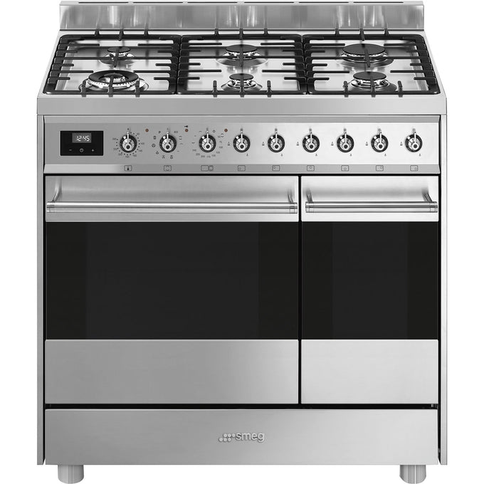 SMEG 90cm Stainless Steel Pyrolytic Dual Fuel Range Cooker with gas hob and electric ovens – Keans Claremorris