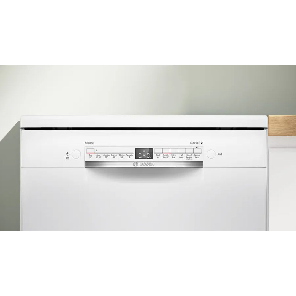 Bosch Series 2 white freestanding dishwasher control panel with digital display and program buttons