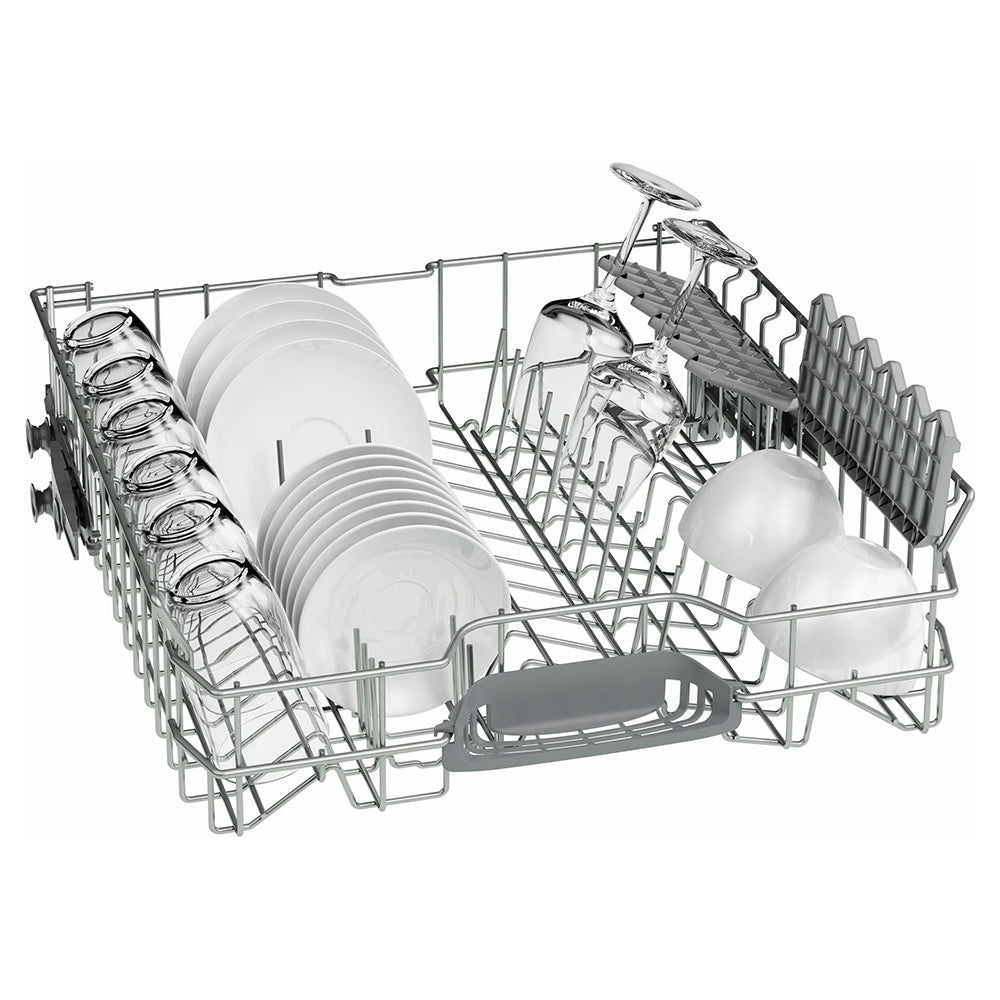 Top rack of Bosch Series 2 dishwasher loaded with plates, glasses, and bowls, showing adjustable holders.