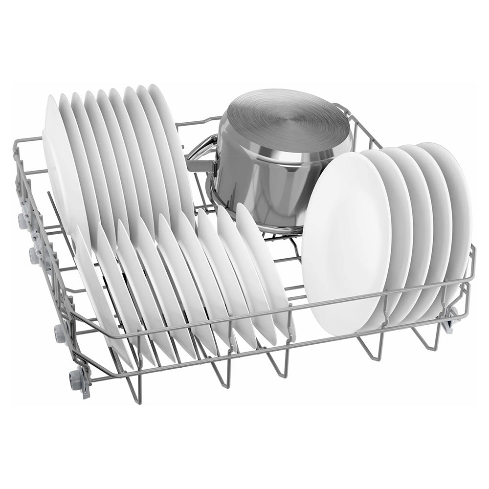 Dishwasher rack loaded with white plates and a stainless steel pot, part of Bosch Series 2 60CM dishwasher.