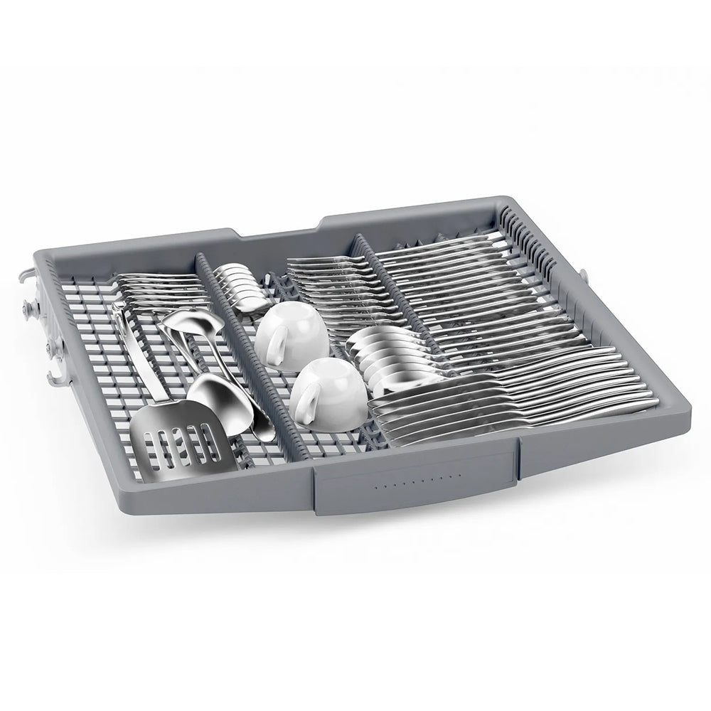 Cutlery tray filled with utensils and cups, accessory for Bosch Series 2 60CM Freestanding Dishwasher.