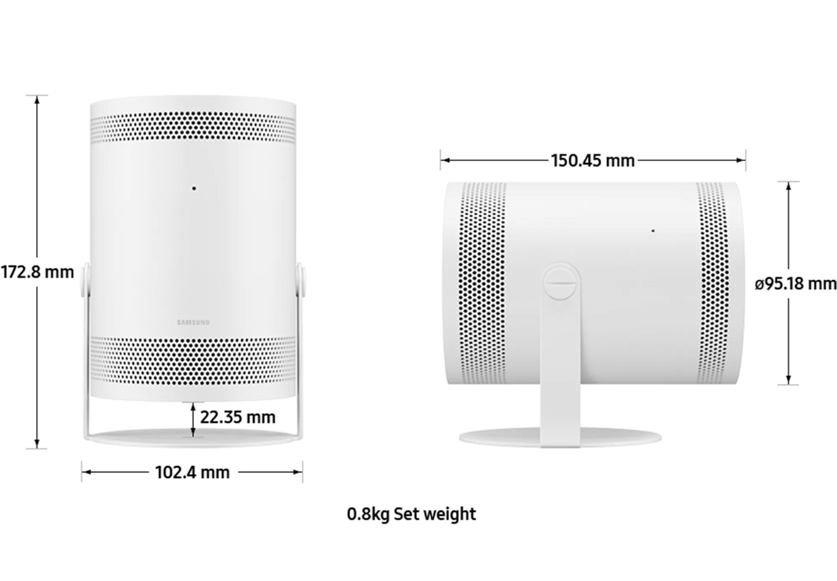 Samsung The Freestyle 2nd Gen Full HD Smart Projector TV shown from front and side with dimensions and weight details.