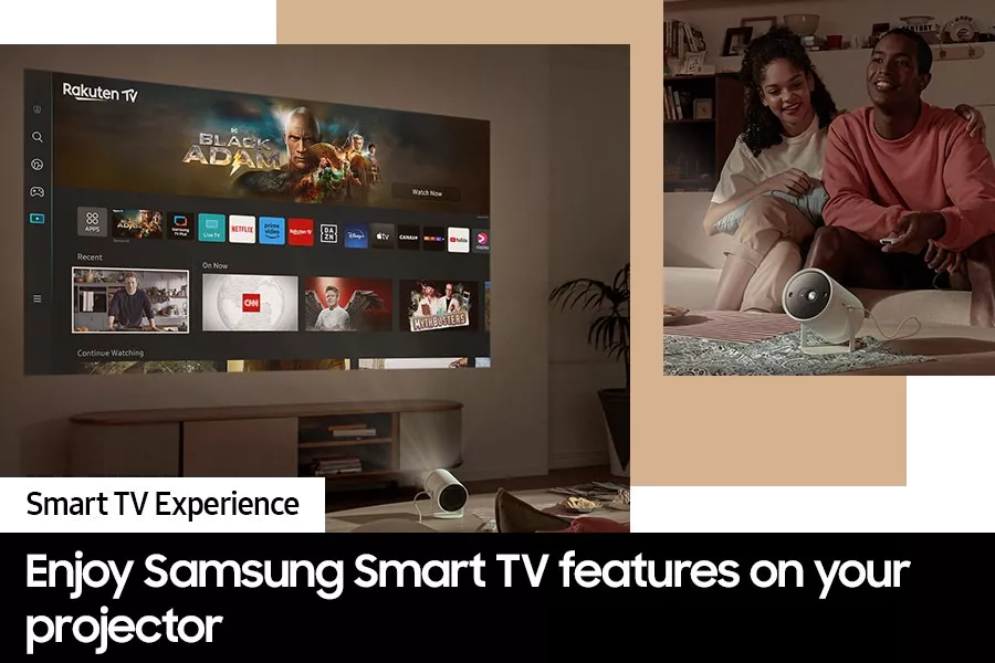 Samsung The Freestyle 2nd Gen projector displaying a streaming menu on a wall in a living room setting.