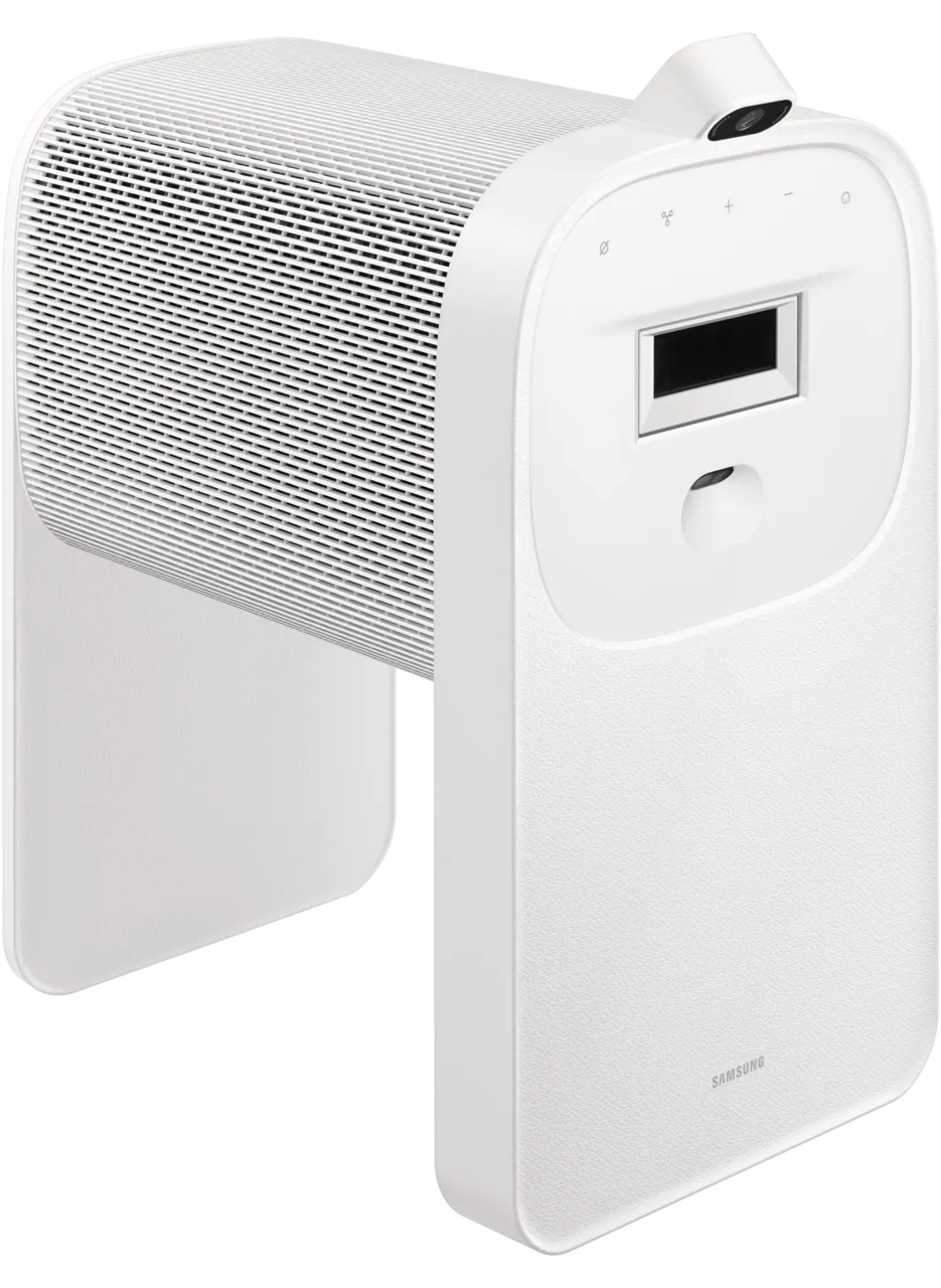 Samsung The Premiere 5 short throw interactive projector in white, angled front view showing lens and controls.