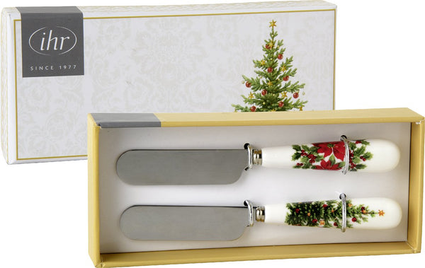 Classic Christmas Tree Gold butter knives set of 2, porcelain handles, stainless steel blades, 12cm, Keans Claremorris.
