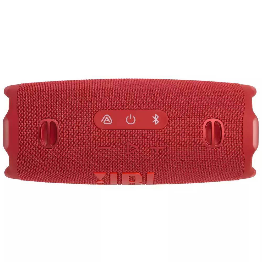 JBL Charge 6 portable Bluetooth speaker in red, top view showing control buttons and fabric texture.