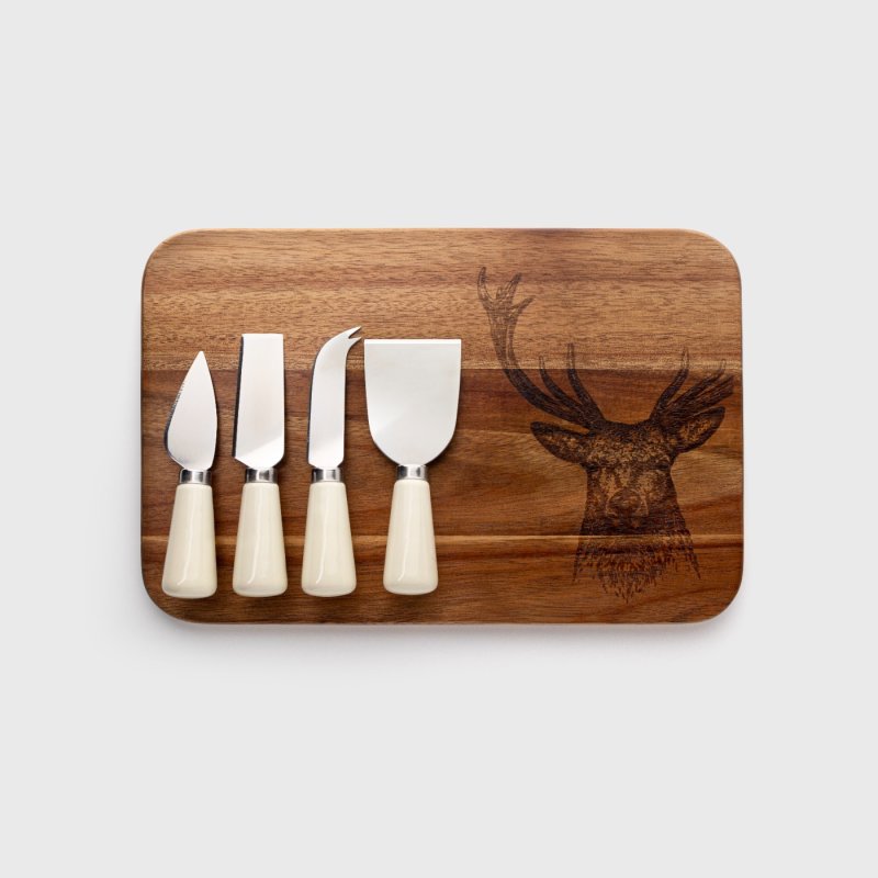 4 Piece Ceramic Cheese Set - Cream With Acacia Board Stag Print - Image 1