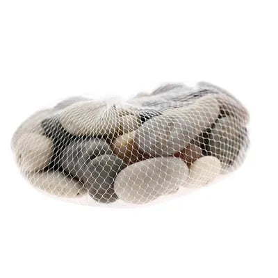 1 kg mix of smooth 20-40 mm natural river stones in a white mesh bag, showing varied tones.