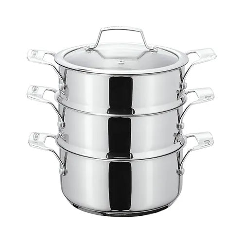 Stainless steel Stellar 16cm 3 tier steamer set with glass lid and cast handles, front view on white background