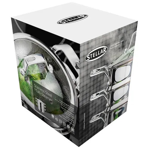 Packaging box showing the Stellar 16cm 3 Tier Steamer Set with stacked stainless steel pots and glass lid close-up.