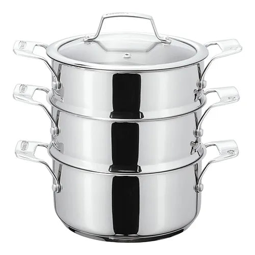 Stainless steel Stellar 22cm 3 Tier Steamer Set with two steaming tiers, base pan, and vented glass lid.