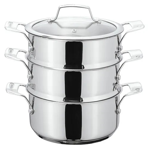 Stainless steel Stellar 24cm 3 tier steamer set with vented glass lid and cast handles, stacked view.