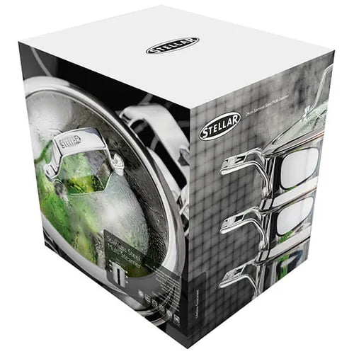 Packaging box for Stellar 24cm 3 Tier Steamer Set showing stacked stainless steel steamers and a close-up of the lid with