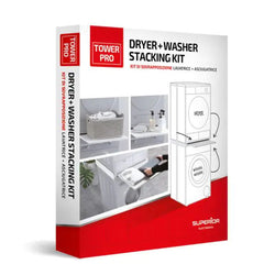A boxed Tower Pro Dryer + Washer Stacking Kit shown at a slight angle on a white background. The retail box is white and red with product name text and small usage photos on the front and spine.
