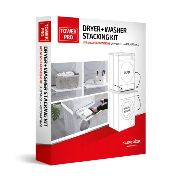 A boxed Tower Pro Dryer + Washer Stacking Kit shown at a slight angle on a white background. The retail box is white and red with product name text and small usage photos on the front and spine.