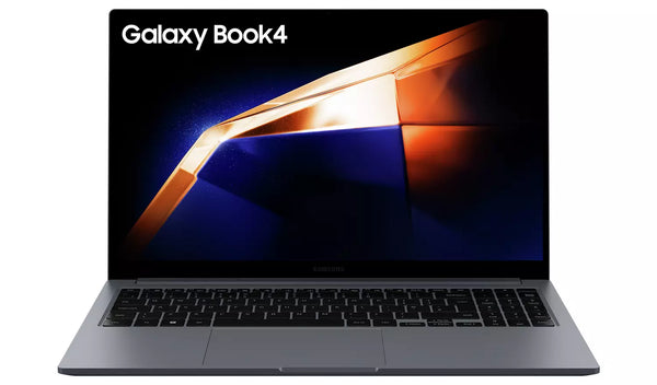 Samsung Galaxy Book4 15.6" laptop open, showing keyboard and vibrant screen with Galaxy Book4 logo.