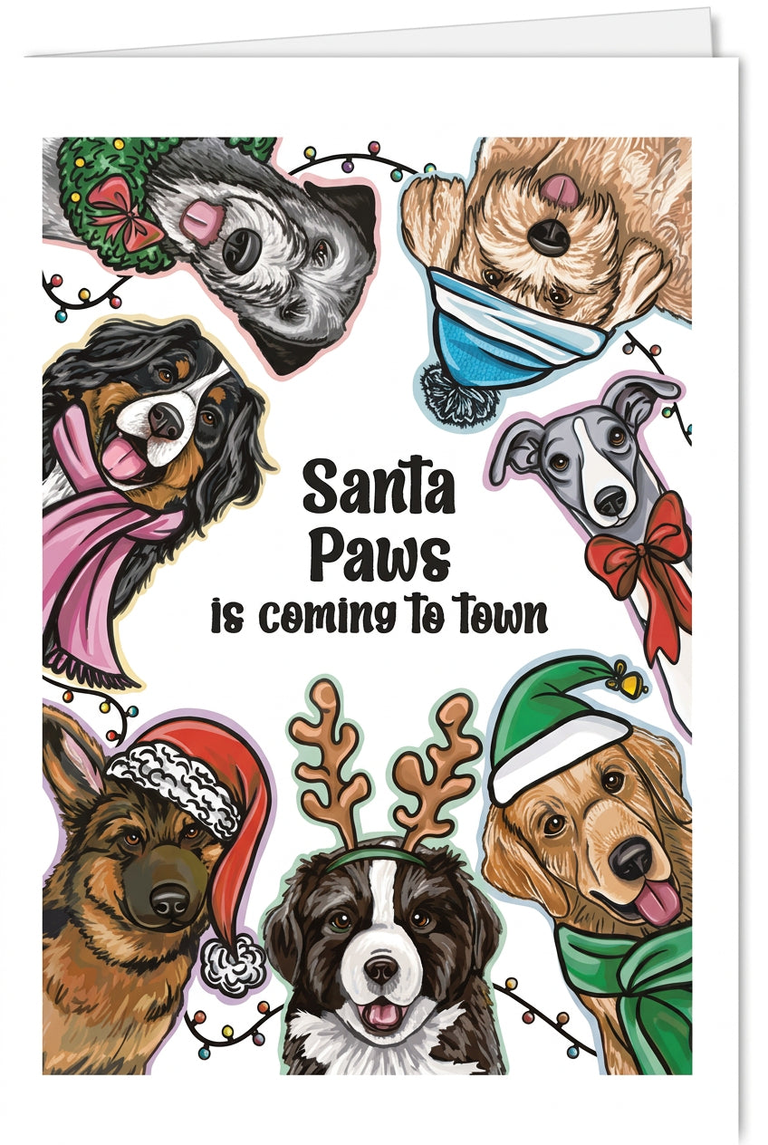A square greeting card featuring illustrated dogs wearing Christmas hats and accessories around the border, with the text 'Santa Paws is coming to town' in the center. The card is photographed against a white background with a slight glare near the bottom left.