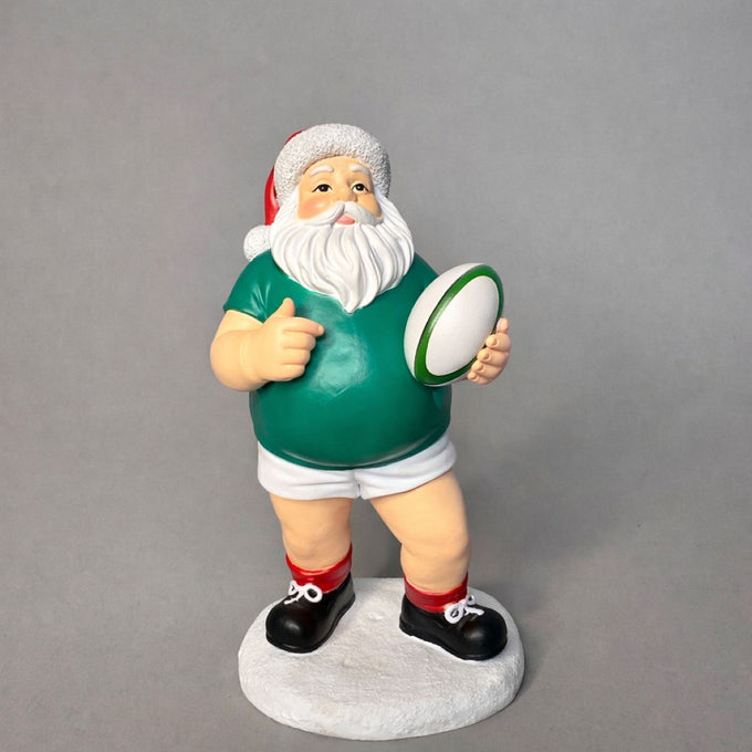 Santa in Green Jersey with Rugby Ball – 16cm (Window Box) Keans Claremorris
