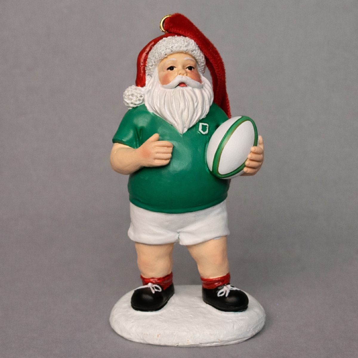 Santa in Green Jersey with Rugby Ball Tree Trim 10.5cm Keans Claremorris