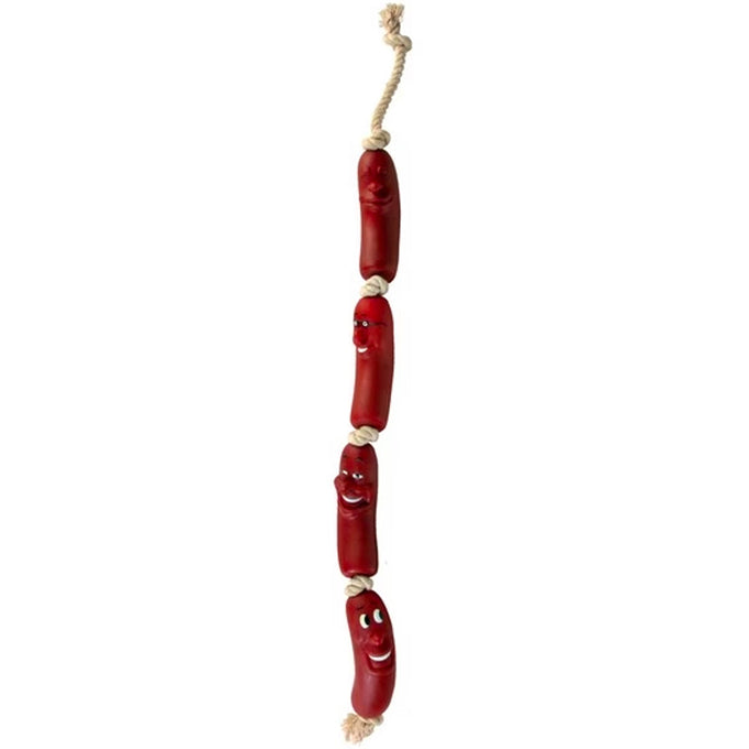 Snack Toy Sausage Chain 75cm, soft cotton rope with 4 flexible vinyl sausages, silent dog toy from Keans Claremorris.