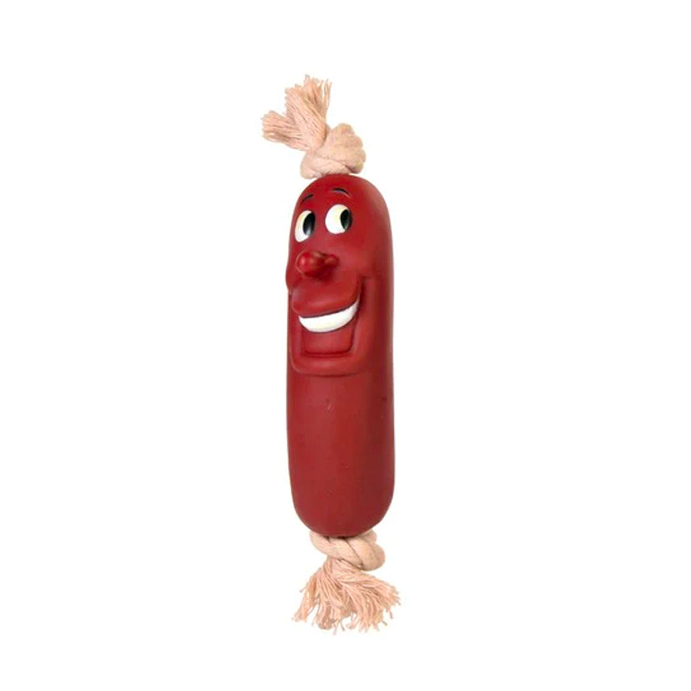 Snack Toy Sausage on Rope 11cm, silent dog toy with soft cotton rope and flexible vinyl sausage, various expressions – Keans
