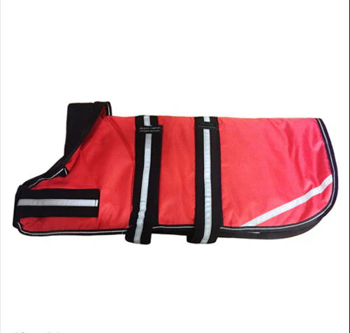 Red dog rain coat with black trim and reflective straps, shown flat from the side.