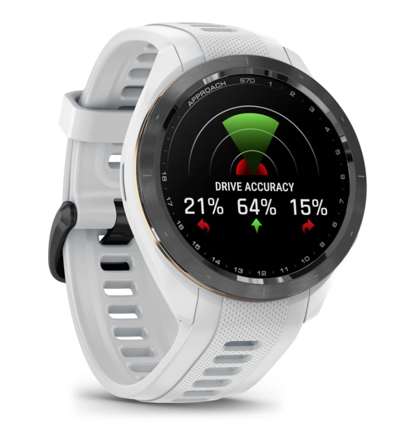 Garmin Approach S70 golf watch with black bezel, white perforated band, showing drive accuracy stats on screen.