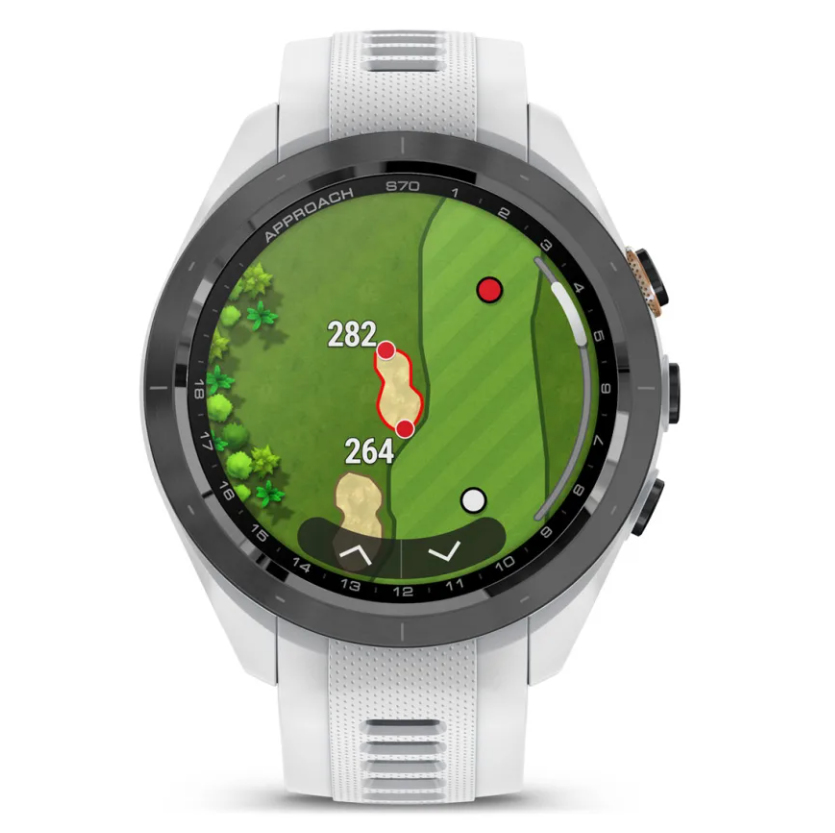 Garmin Approach S70 golf watch with black bezel, white band, showing course map and distances on screen.