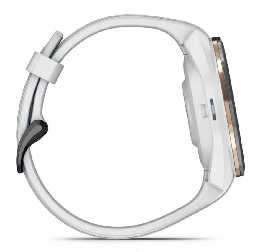 Side view of Garmin Approach S70 golf watch with white band and black bezel edge