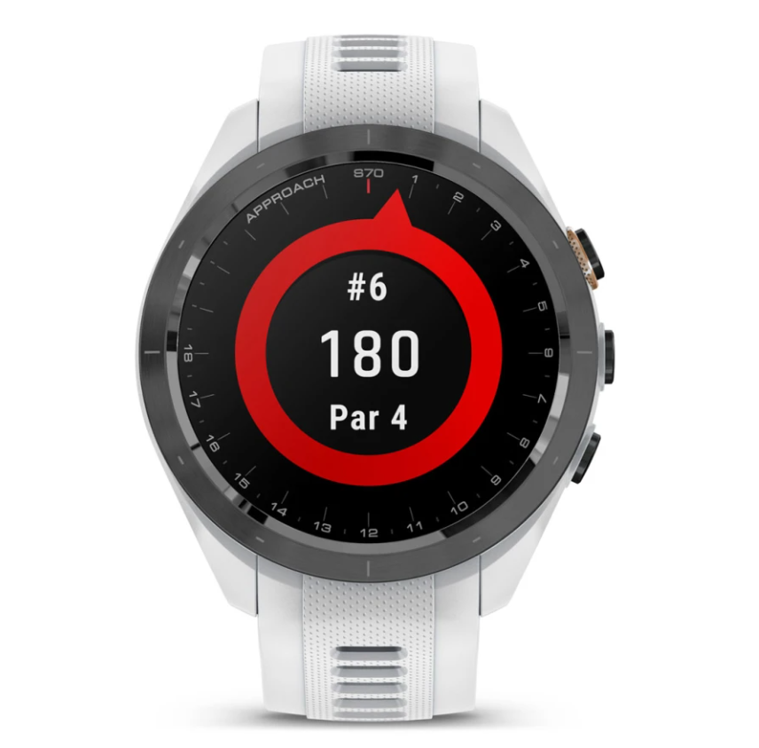 Garmin Approach S70 golf watch with black bezel, white band, showing hole 6, 180 yards, par 4 on screen.