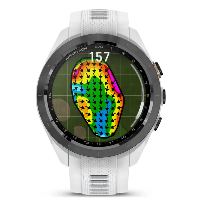 Garmin Approach S70 golf watch with black bezel, white band, showing a colorful course map on screen.