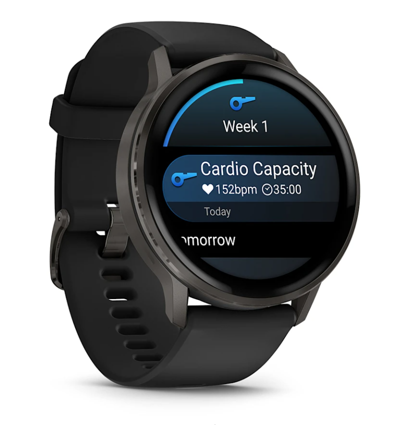 Garmin Venu 4 smartwatch in black with slate bezel showing cardio capacity and heart rate on screen.