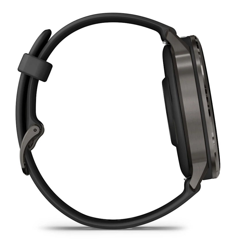 Side view of Garmin Venu 4 smartwatch in black with slate bezel and black strap.
