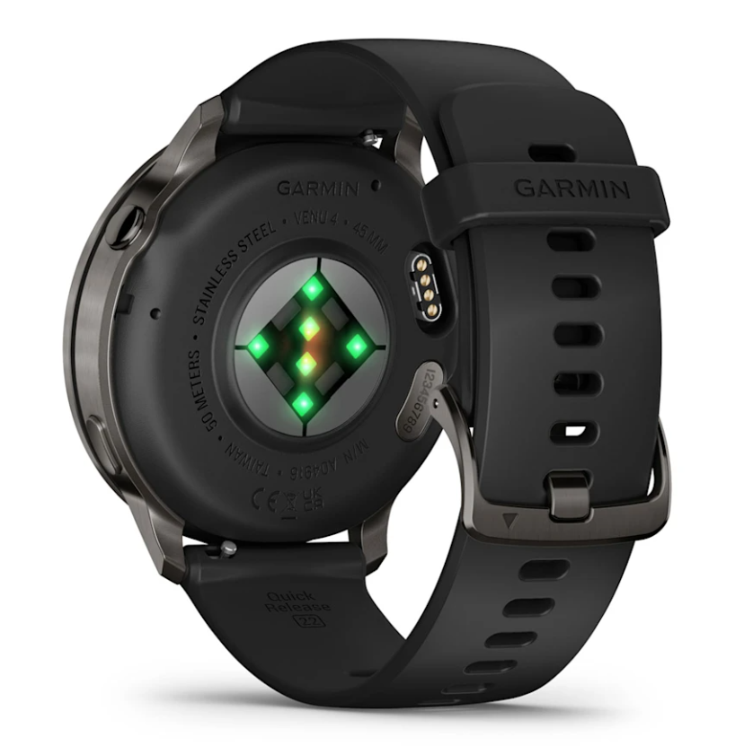 Back view of Garmin Venu 4 (45mm) smartwatch in black with green sensor lights and slate buckle.