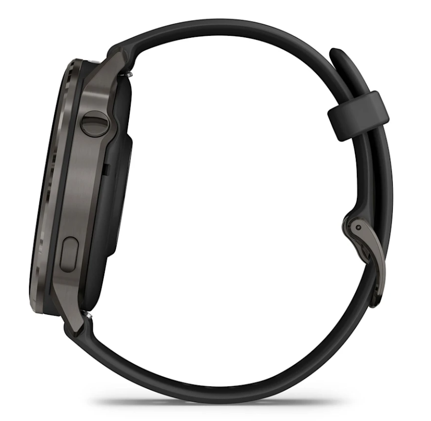 Side view of Garmin Venu 4 smartwatch in black with slate bezel and black strap.