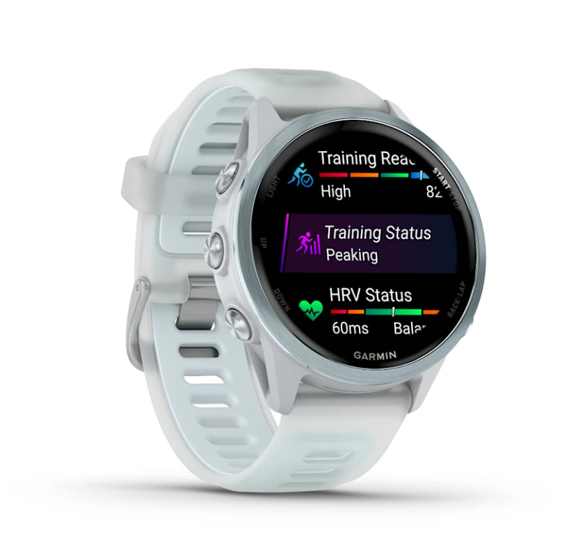 Garmin Forerunner 570 smartwatch in whitestone with cloud blue band showing training status and HRV metrics on screen