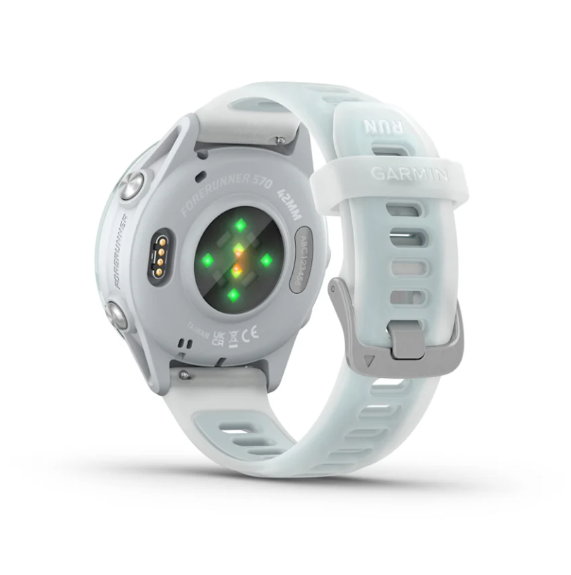 Garmin Forerunner 570 42mm smartwatch in whitestone and cloud blue, showing the back with heart rate sensors and strap