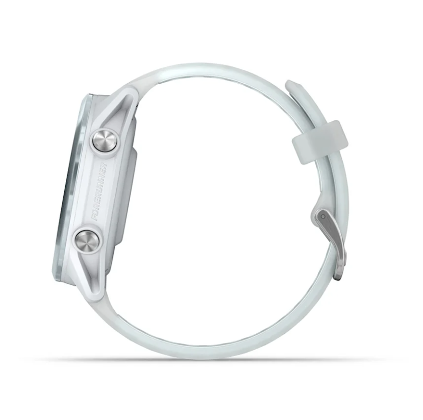 Side view of Garmin Forerunner 570 smartwatch in whitestone with cloud blue strap and two buttons on the case.