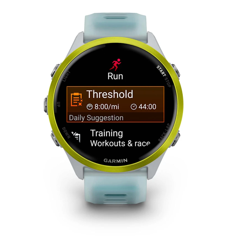 Garmin Forerunner 570 smartwatch with whitestone case, amp yellow bezel, and blue strap showing run workout screen.