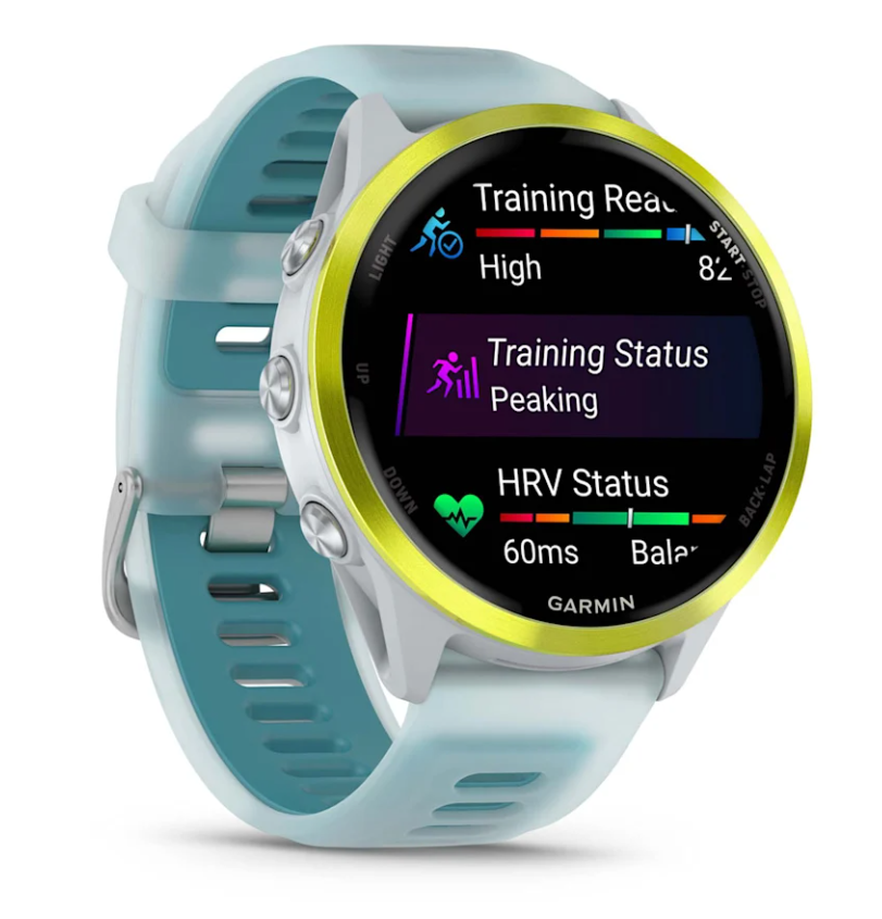 Garmin Forerunner 570 smartwatch with whitestone case, amp yellow bezel, and light blue strap showing training status screen.