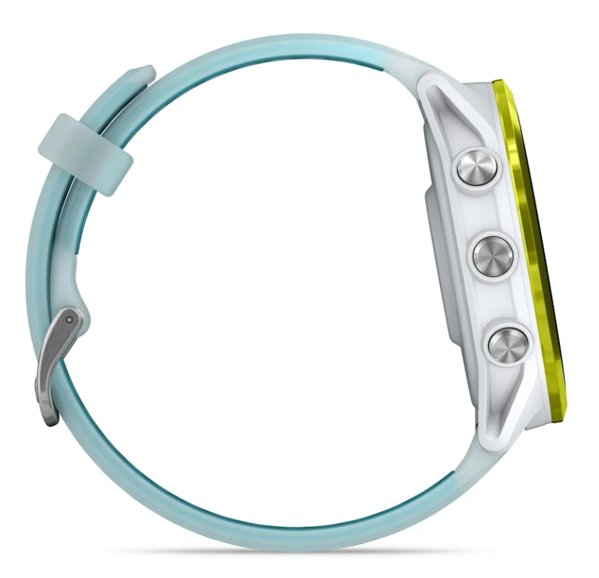 Garmin Forerunner 570 smartwatch side view showing white case, yellow bezel, and light blue strap with three buttons.
