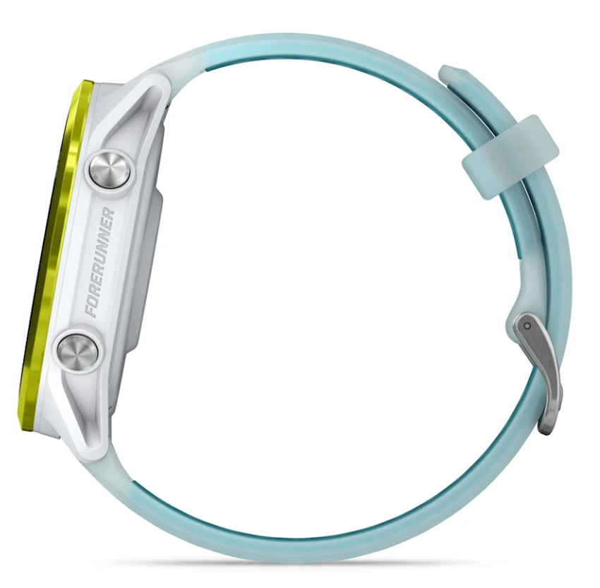 Garmin Forerunner 570 smartwatch side view with whitestone case, amp yellow bezel, and light blue strap.
