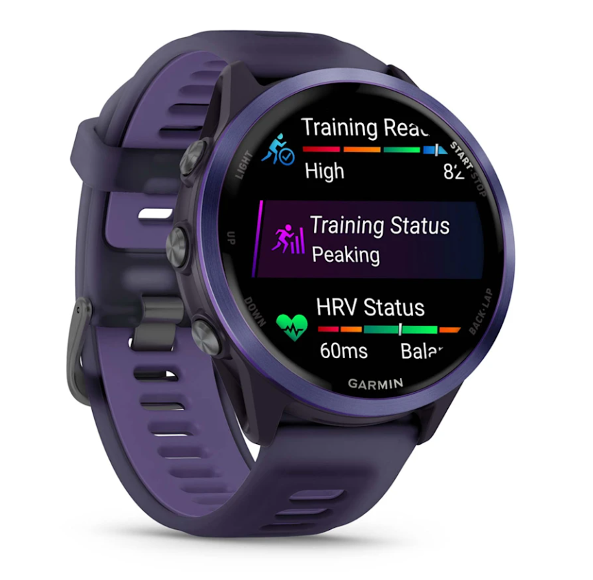 Garmin Forerunner 570 smartwatch in imperial purple showing training readiness, status, and HRV metrics on screen