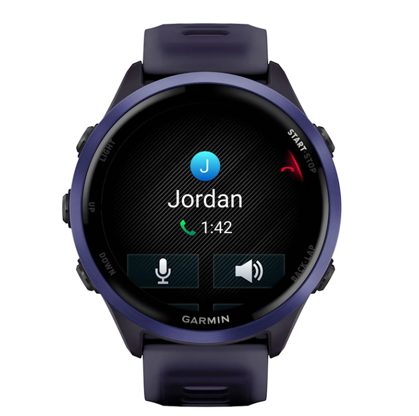 Garmin Forerunner 570 smartwatch in imperial purple showing an active call screen with contact Jordan