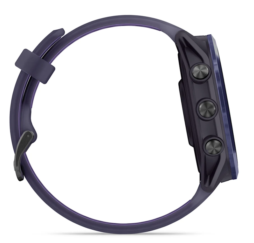 Side view of Garmin Forerunner 570 watch in imperial purple with three buttons on the case.