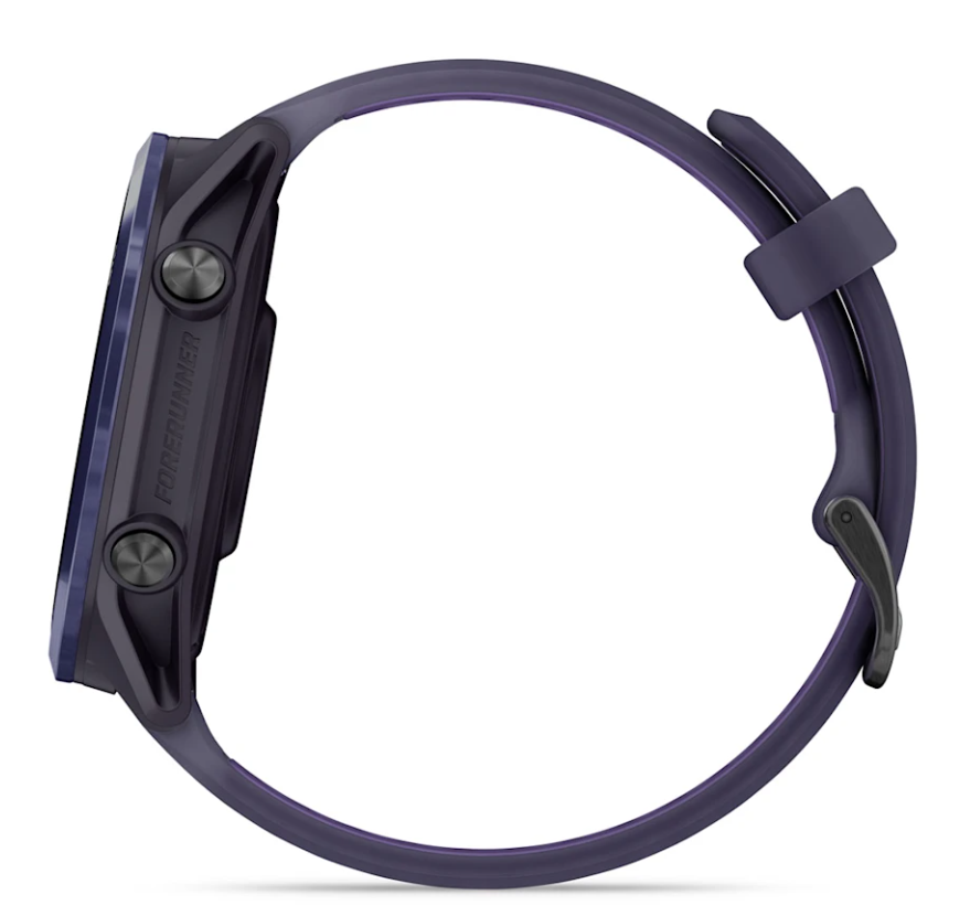 Side view of Garmin Forerunner 570 watch in imperial purple and indigo with two buttons and adjustable strap.